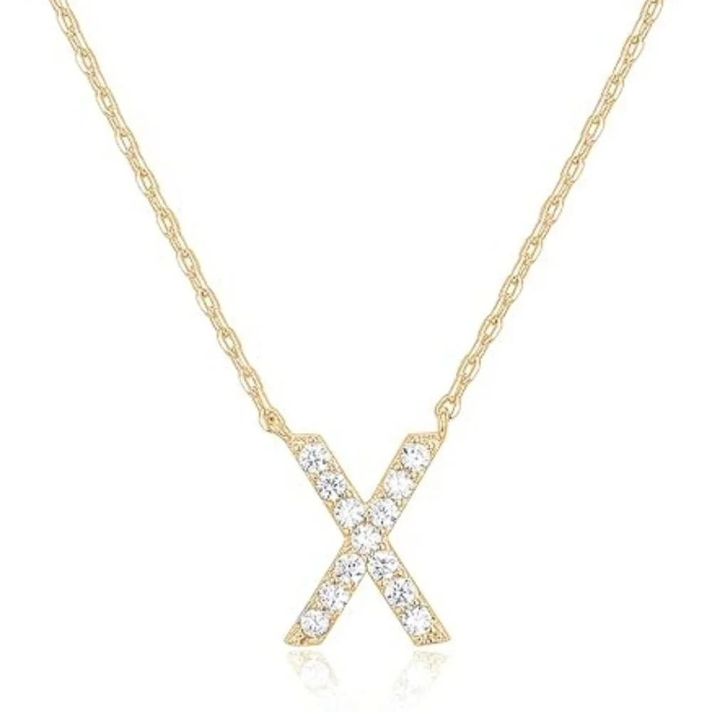 14K Yellow Gold Initial Necklace Letter Dainty Diamond Gift Present P - Z
